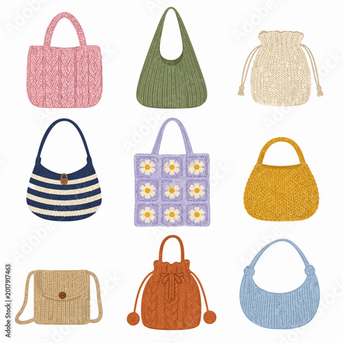 Colorful hand-drawn knitted woven handbags illustration