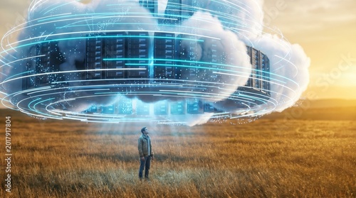 Man Standing in Field Under Futuristic Cloud Data Center With Holographic Network Rings