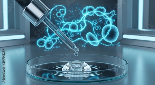 A high quality scientific photo shows a glass pipette dripping clear liquid into a petri dish with glowing cell structures