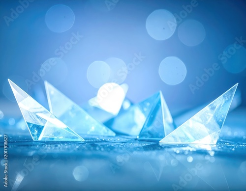 Transparent crystal pyramids on blue surface, bokeh lights, abstract luxury display, copy space for branding