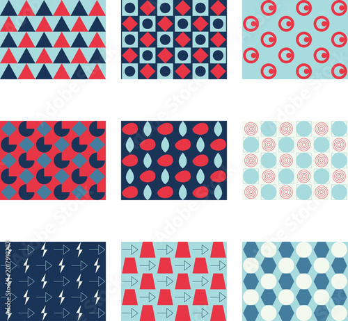 Red and blue geometric pattern collection with stripes and shapes