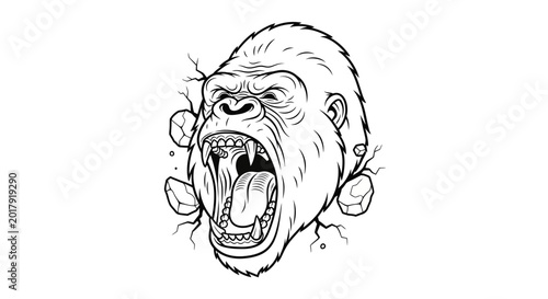 Canvas Print Angry Gorilla Head Breaking Through Wall, Aggressive Ape Roaring, Primate Power