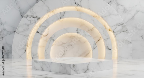 A luxury marble podium with circular arches and soft warm lighting serves as a professional product display photography studio shot