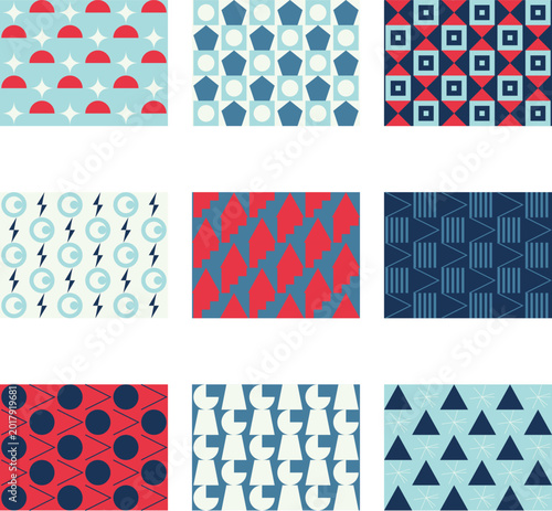 Abstract geometric seamless patterns set with stripes and dots