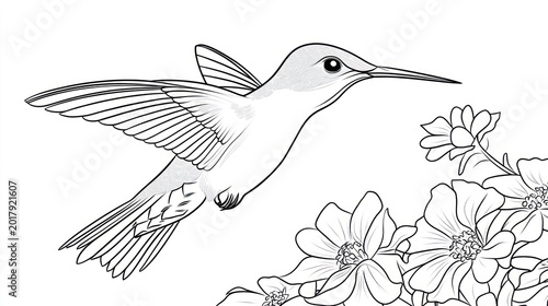 Hummingbird in flight near flowers
