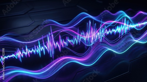 Abstract Digital Rendering of Glowing Sound Waves in Vibrant Blue and Purple Hues