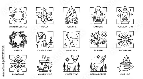Tableau sur toile Winter Solstice Icons: Holly, Fire, Lantern, Snowflake, Deer, Wreath, Candleligh