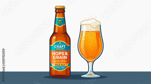 Beer bottle and glass combo, modern 2D vector, vibrant colors, isolated background