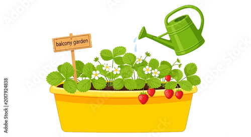 Obraz na plátně Vector gardening illustration, yellow planter box with green plants, watering ca