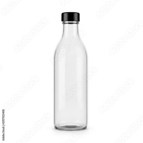 A clear glass bottle with a black screw-top lid on a white background.