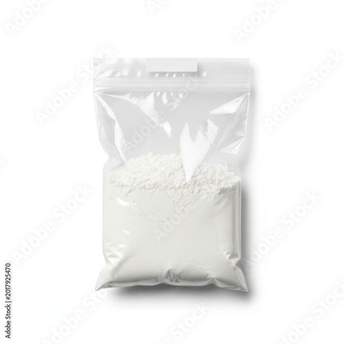A sealed plastic bag filled with white powder on a plain white background.