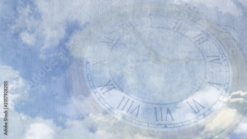 Breeze moving translucent clock face and clouds, drifting obscuring Roman numerals and showing time