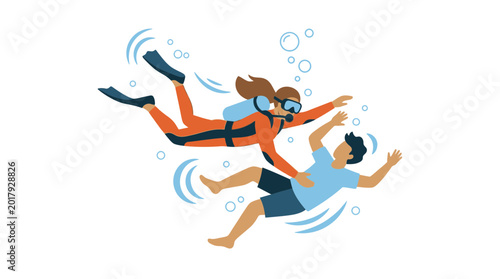 Bilde på lerret Scuba Diver Rescues Man Underwater
