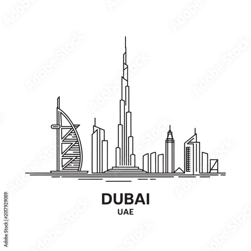 Photography Dubai skyline linear drawing on white background