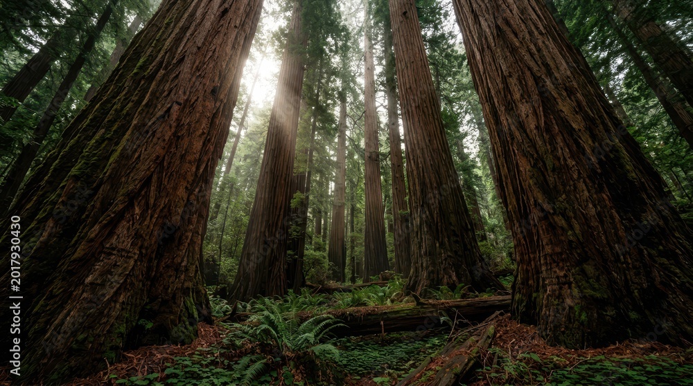 Fototapeta premium Sunlight Beams Through Ancient Redwood Forest Canopy