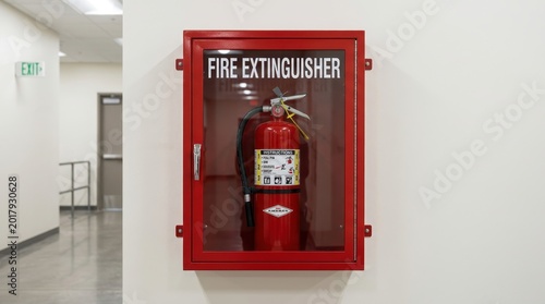 Wall-mounted red fire extinguisher cabinet with clear glass front door and visible safety equipment inside