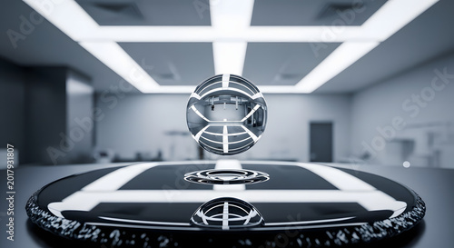 Shiny metallic sphere hovering above a dark reflective surface in a bright modern professional office space