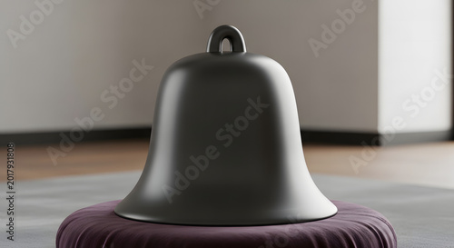 A matte black bell sitting on a soft purple cushion in this clean minimalist studio photograph