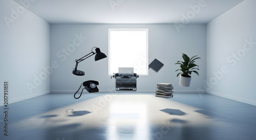 Vintage typewriter with floating office supplies creates a surreal atmosphere in this bright minimalist indoor photo