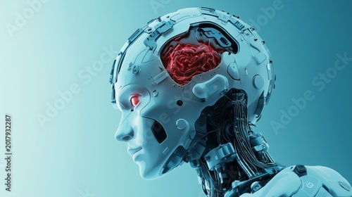Futuristic humanoid robot head with exposed glowing red brain representing artificial intelligence and cybernetic neural scan