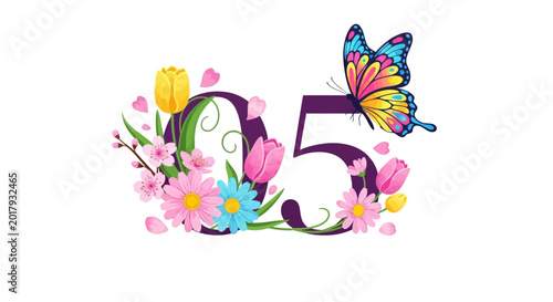 Number 5 decorated with colorful flowers and butterfly, spring design