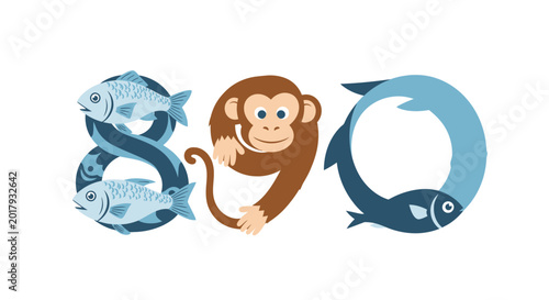 Cuadro en lienzo Creative Numbers 8, 9, 0 with Monkey and Fish Illustrations