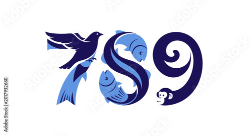 Photography Numbers 7 8 9 with Animals: Bird, Fish, Monkey - Graphic Design