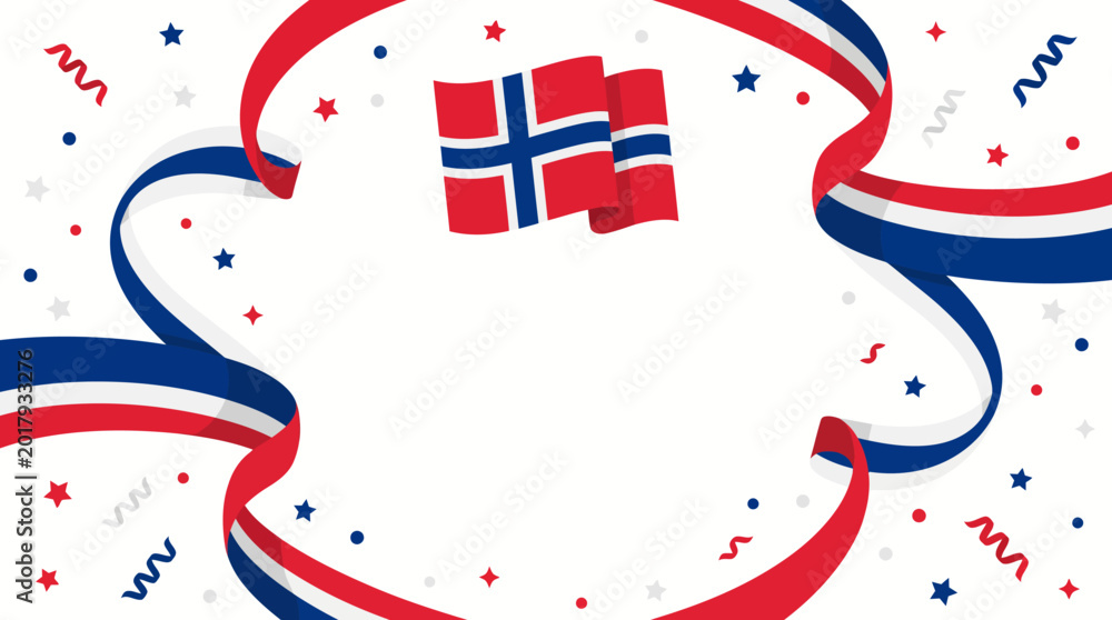 Fototapeta premium Norway National Day Celebration Background with Flag, Festive Ribbons and Confetti