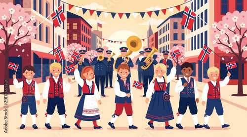 Photography Children in Traditional Norwegian Bunad Costumes Celebrating Norway Constitution