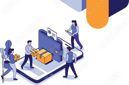 Isometric Mobile App Interface for Digital Wallet and Logistics