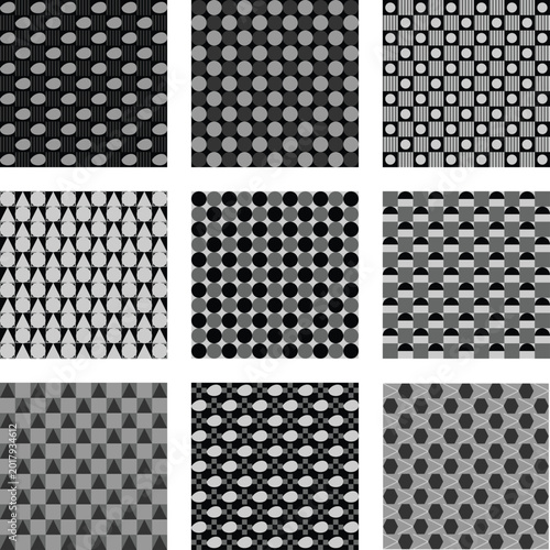 Abstract Geometric Pattern with Grayscale Spheres and Blue Gradients