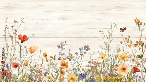 Rustic wildflowers on wooden planks.  Earthy tones create a floral design perfect for rustic decor.