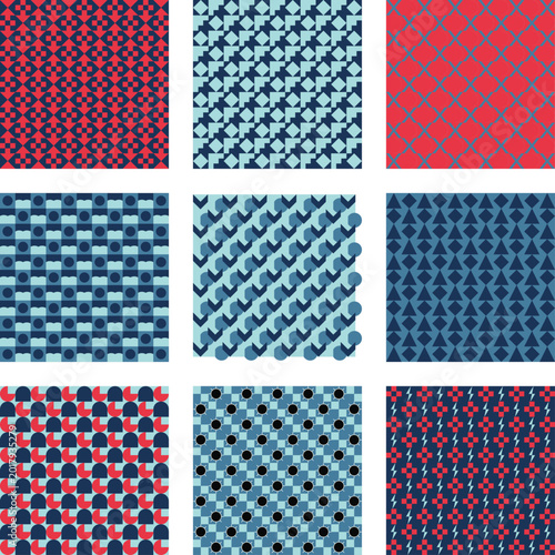 Abstract Geometric Grid Pattern with Red and Blue Squares
