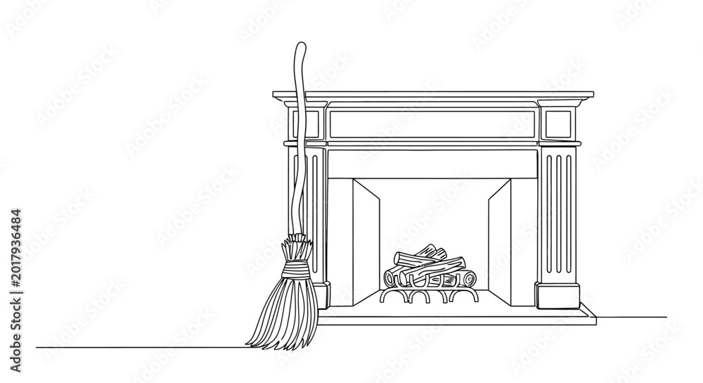 Fototapeta premium Fireplace and Broom Line Art - Cozy Home Cleaning Concept
