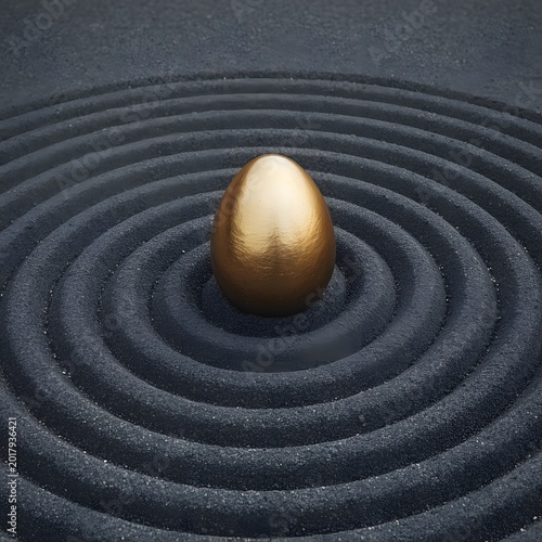 A perfect golden egg resting peacefully at the center of a meticulously raked dark sand Zen garden circle.