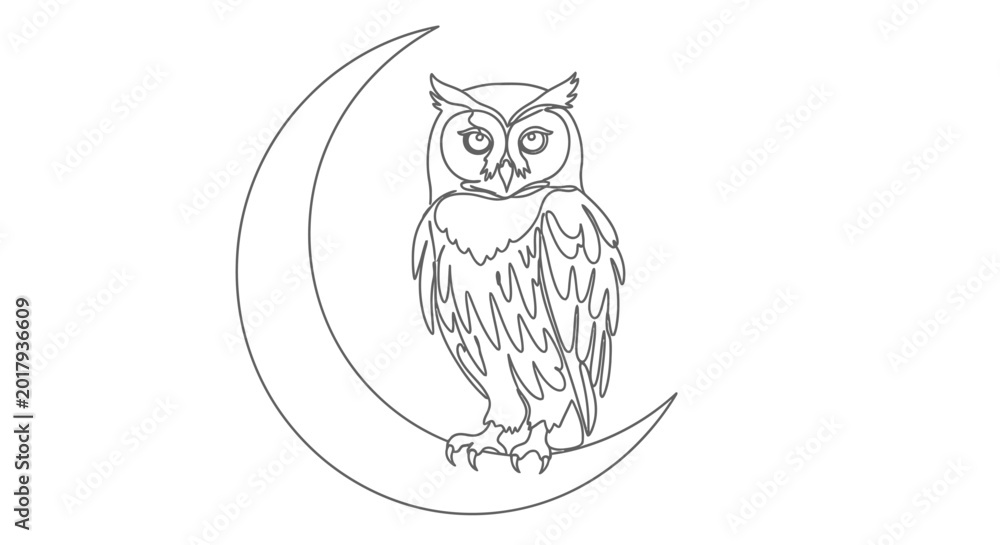 Fototapeta premium Minimalist line art of an owl perched on a crescent moon, dark fantasy, mystical night symbol