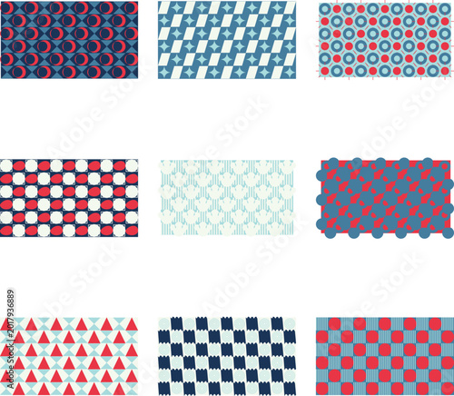 Geometric Dot and Stripe Pattern Collection in Blue and Red