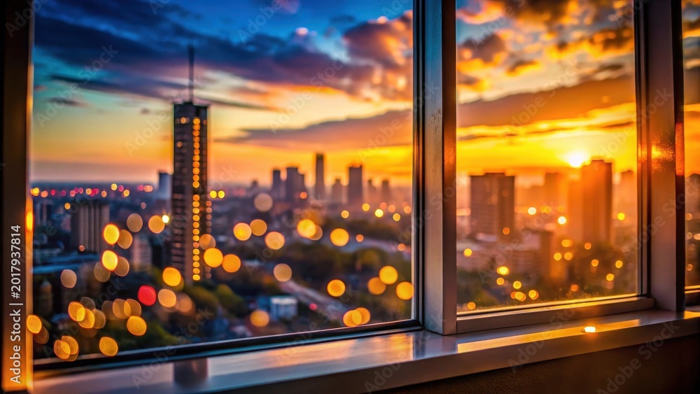 Fototapeta premium A realistic photo of Sunset city view from a window