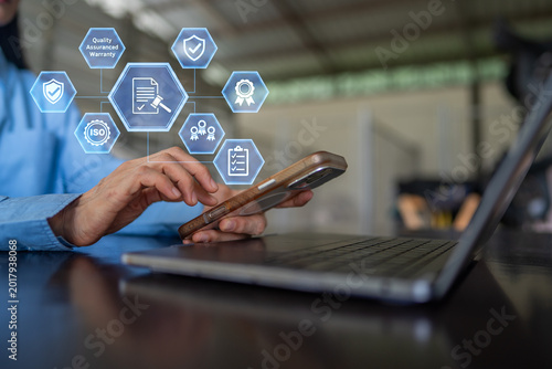 Quality Assurance and ISO Standard Certification Concept with Digital Compliance Icons