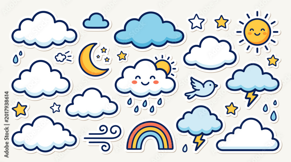 Obraz premium Cute hand drawn weather icon set for kids stickers.