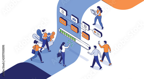 Digital Transaction Processing and Data Flow Isometric Illustration
