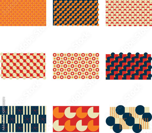 Geometric halftone and checkered pattern collection in orange and blue
