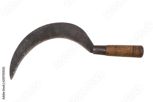 Foto Antique curved sickle with wooden handle isolated on white background, tradition