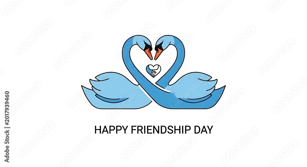 Fototapeta premium Happy friendship day greeting with two swans forming heart, small handshake heart in middle.