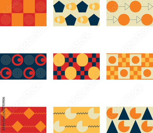 Retro abstract geometric pattern with halftone dots and shapes