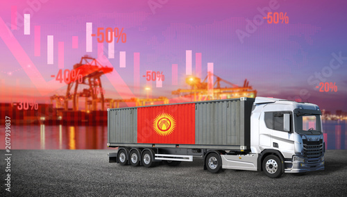 Tableau sur toile Global Trade Dynamics: A shipping container, adorned with a symbolic emblem, is set against the backdrop of an active cargo port and fluctuating financial indicators, representing international trade