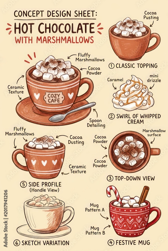 Fototapeta premium Detailed Concept Design Sheet of Hot Chocolate with Marshmallows and Various Toppings.