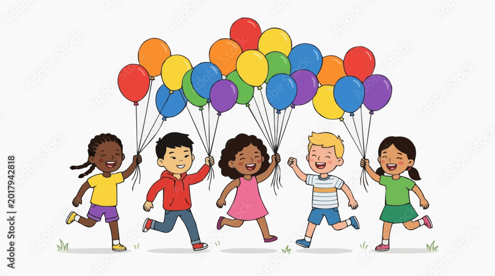 Fototapeta premium Children holding rainbow balloons in park, cheerful learning moment for family events, marketing campaigns, education promotions, social happiness