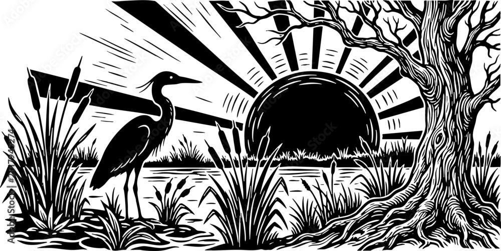 Fototapeta premium Heron Bird in Wetland at Sunrise Linocut Illustration