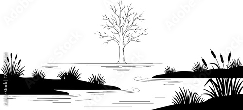 Minimalist Landscape Sketch with Lone Tree and River Reeds